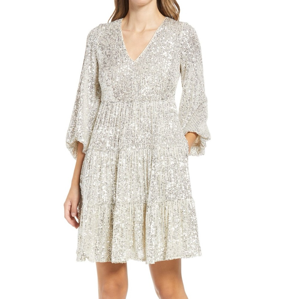 Eliza J Balloon Sleeve Silver Sequin Skater Dress